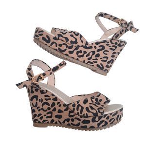 Women Wedge Heel Casual Leopard Print Ankle Strap Open Toe Sandals Platform Shoe